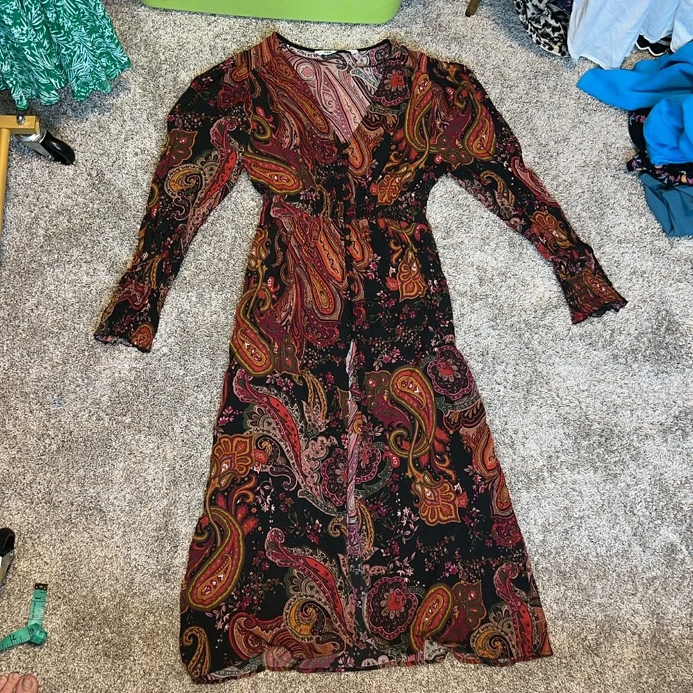 NWOT Zara paisley print smocked a neck button down dress Size XS - Picture 5 of 12